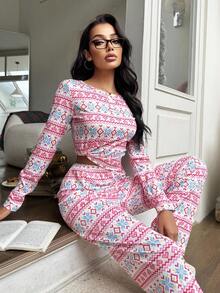 ZzzCrew 粉色爱心雪花印花长袖上衣和裤子休闲女式睡衣套装，秋冬服装，圣诞节礼物 - 粉色 - 查看 1