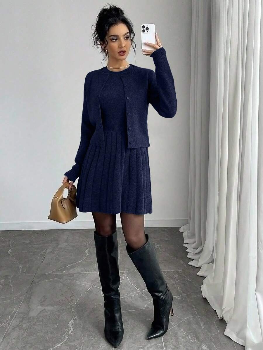 Elenzga 2pcs Set Elegant Solid Color Cardigan Knit Dress For Commuting - Blue - View 1