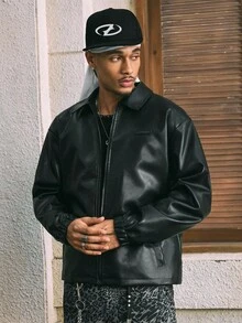 AXEPEAK Men's Casual Loose Fit Streetwear Leather Jacket With Backside Letter Graphic, Fall Winter - Black - View 3