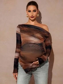 MaterniChic 孕妇斜肩长袖荷叶边下摆T恤