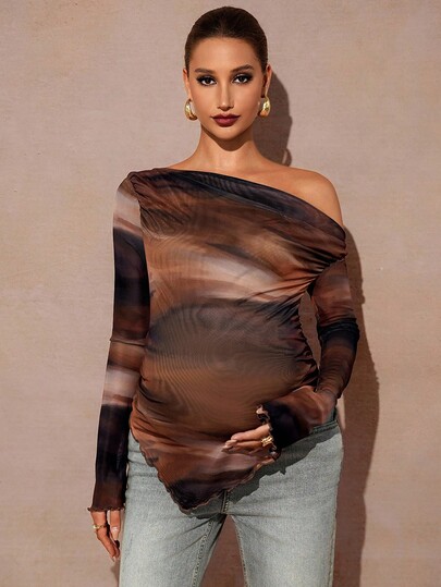 MaterniChic Maternity Oblique Shoulder Long Sleeve Ruffle Hem T-Shirt  Fall Clothes  Maternity  Baby Shower   Cute Top Off The Shoulder