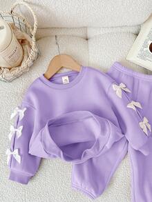2 件女婴可爱紫色蝴蝶结长袖运动衫和松紧腰裤套装，秋冬 - 紫色 - 查看 3