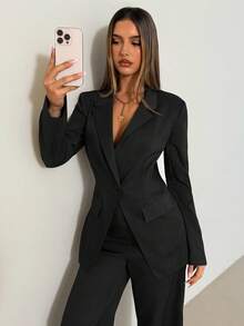 Aloruh Bộ quần áo blazer và quần tây trơn màu dành cho nữ, thời trang đi làm khi đi làm mùa thu đông dành cho nữ - màu đen - Xem 5