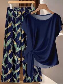 SHEIN Clasi 两件套女士休闲藏蓝色蝴蝶结衬衫和宽松直筒几何印花裤套装，适合初秋穿着 - 彩色 - 查看 5