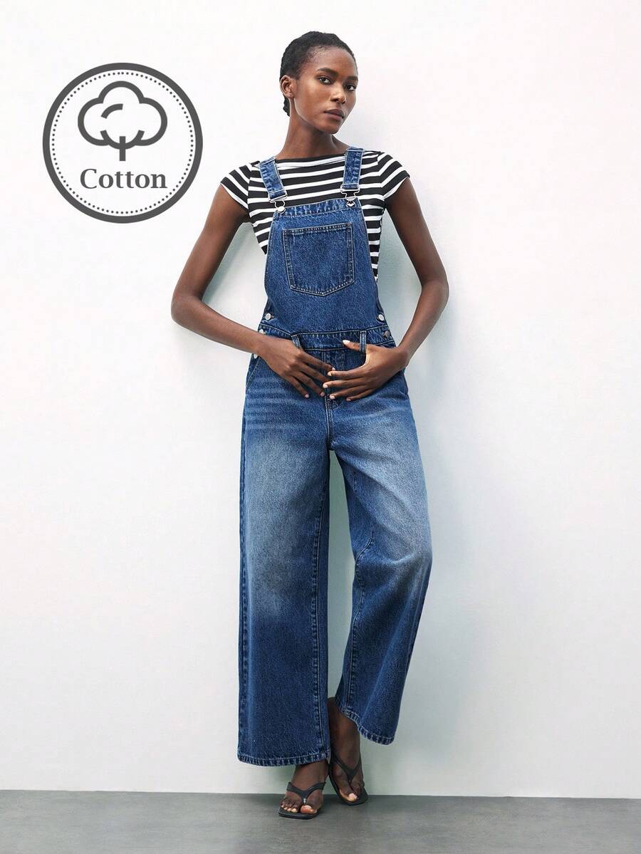 Maija 女式休闲猫须口袋牛仔背带裤，夏季 - 中等水洗藍 - 查看 1