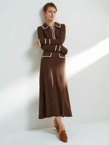 Airaco Deep Brown Commuter Open-Ended Pocket Decorated Knit Midi Dress, Autumn/Winter - Brown - View 8