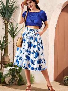 SHEIN 少女泡泡袖包身上衣與花朵A字裙套裝