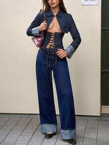 Jeanoix 女式休闲水洗低腰阔腿牛仔裤 - 藍色 - 查看 5