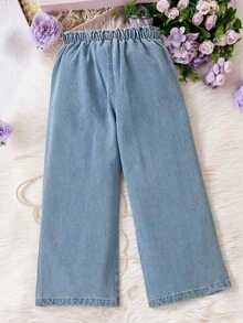 SHEIN 十幾歲女孩的休閒寬腿牛仔褲,有大口袋和褶皺腰帶,適合度假或日常穿著 - 淺色水洗藍 - 查看 2