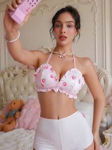 PetitDoll Lencería de mujer con estampado de melocotón, con tirantes de espagueti y volantes en el cuello halter - Rosa - Ver 1