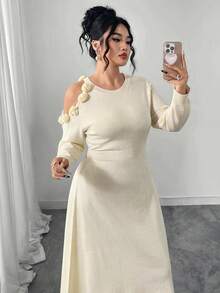 Modelyn Plus Size Solid Color 3D Floral Decor Long Sleeve Sweater Dress - White - View 3
