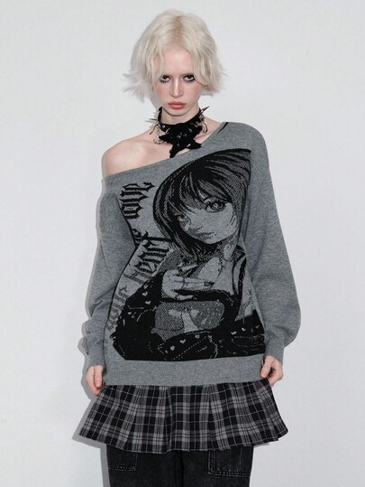 Anime Vintage Anime Character Print Loose Asymmetrical Shoulder Sweater For Women