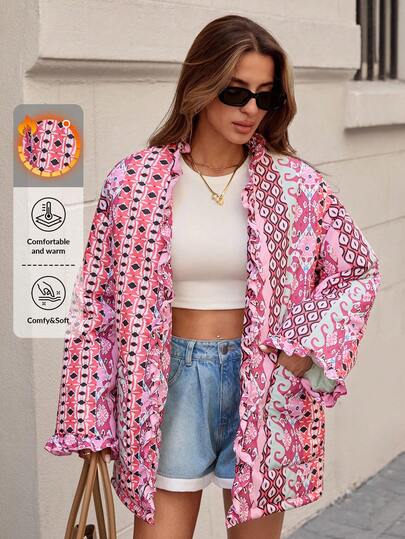 EURMUSE Print Balloon Jacket, Slim Sleeve Design, High Neck Style, Side Pockets, Quilted Material, Traditional Print Mix,Statement Piece, Oversized Fit, Bohemian Collection, Winter Fashion, Button Front Closure, Puffer Style, Geometric Pattern, Turkish Print Design, Premium Quality, Folk Fashion, Luxury Collection, Waterproof Fabric