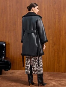 EURMUSE Faux Leather Coat, White Sherpa Lining, Wide Lapel Collar, Belted Waist, Long Sleeve, Warm And Stylish, Perfect For Fall And Winter, Casual And Elegant, Limited Edition Collection, High Quality - Black - View 2
