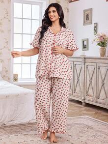CottageSlumber Bubble Floral Print Open Front Collar Plus Size Pajama Set - Red - View 5