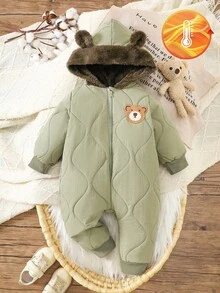 SHEIN 1 Stück Baby Jungen einfarbiger Kapuzen-Jumpsuit, weich & bequem im Lässig-Stil, geeignet für Ausflüge im Herbst/Winter, Outdoor-Aktivitäten, Urlaub, Alltagskleidung, Reisen im Herbst - Grün - Übersicht 1