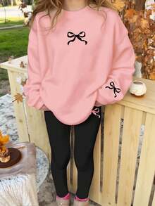 SHEIN Leap Crew 2pcs Pink Bow Print Casual Teen Girls Thick Hooded Sweatshirt And Pants Set, Suitable For Autumn & Winter Girls Outfit Sets Bow Outfit Girls Bows On Clothes Bow Clothes Cute Clothing Fall - Pink - View 3