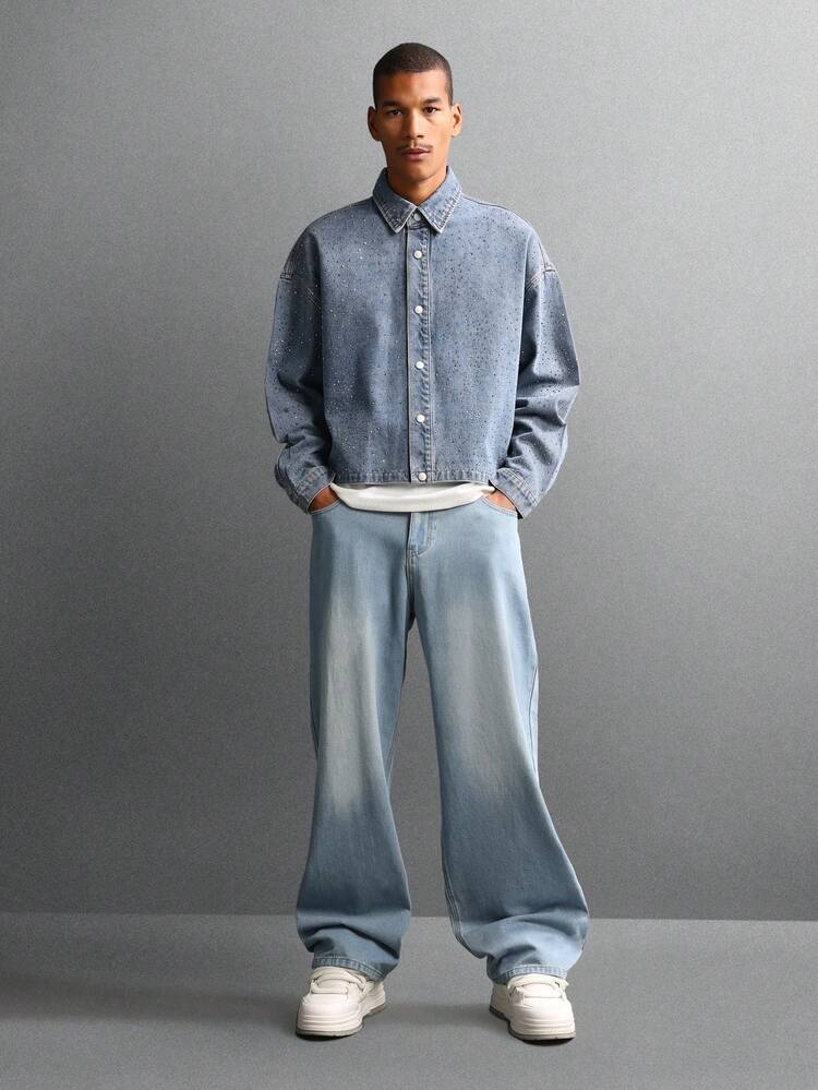 Light Wash Denim Jacket With Glitter Embellishments And Buttons