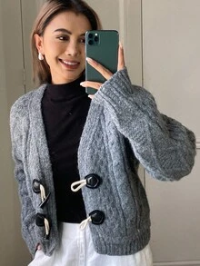 DAZY Áo len cổ tròn màu xám rộng rãi, thường ngày cho nữ, kiểu dáng cardigan, mùa thu/đông - Xám - Xem 3