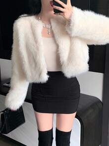 DAZY 女式纯色长袖前开宽松蓬松冬季外套夹克人造毛皮大衣 - 米色 - 查看 5