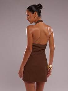 SHEIN BAE 女式性感纯色前扣露背吊带迷你连衣裙，夏季 - 棕色 - 查看 2