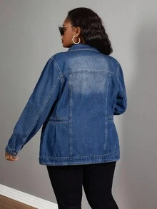 EMERY ROSE Winter Plus Size Women's Casual Single-Breasted Denim Jacket, Autumn - Dark Wash - View 2
