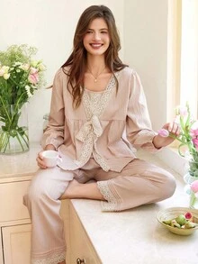 Snug Reverie Contrast Trim Collar Tie Bow Decor Long Sleeve & Pants Women Pajama Set, Fall Clothes - Baby Pink - View 6