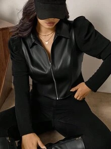 Zelara Plus Size Women's Fashion Commuter Princess Sleeve PU Jacket Fall Women Clothes Korean Style Punk Gothic Clothes Business Casual Women Going Out Halloween Halloween, Goth Party Chic Winter Autumn