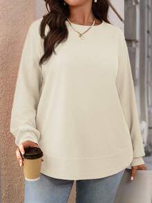 EMERY ROSE Plus Size Casual Solid Color Crew Neck Sweatshirt/ Winter - White - View 1