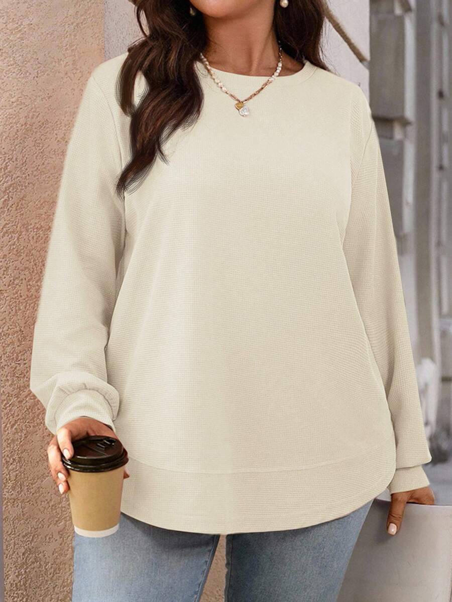 EMERY ROSE Plus Size Casual Solid Color Crew Neck Sweatshirt/ Winter - White - View 1