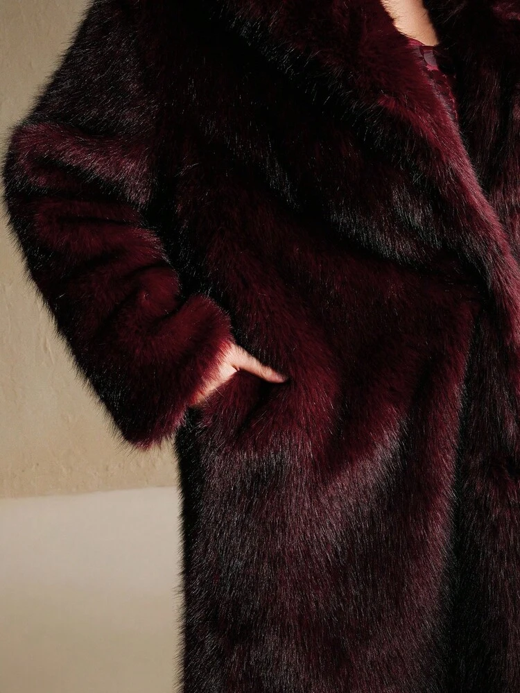 Women's Plus Size Elegant Burgundy Faux Fur Collar Loose Long Winter Coat, Suitable For Fall, Winter, New Year, Christmas, Going Out