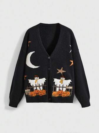 Goth Halloween Kürbis & Geist bestickte Vintage Stern & Mond Strick Cardigan Pullover
