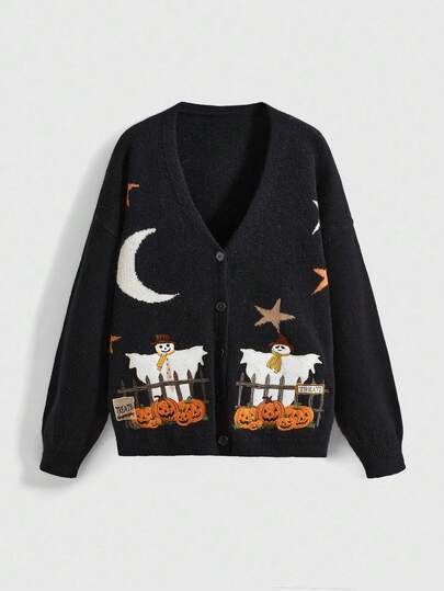 Goth Halloween Pumpkin & Ghost Embroidered Vintage Star & Moon Knit Cardigan Sweater