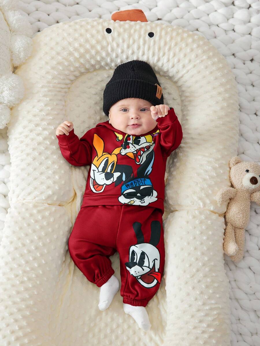 SHEIN 2pcs/Set Newborn Baby Boy Girl Cute Cartoon Print Long Sleeve Burgundy Sweatshirt & Elastic Waist Pants Outfit,Autumn Family Matching Toddler Clothes - Red - View 1