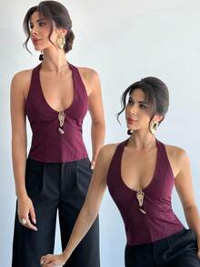 Firerie Top curto feminino com decote em V profundo, assimétrico, fivela de metal, frente única, costas nuas, moderno, chique, sexy, adequado para deslocamento, primavera/verão/outono, elegante, escritório, trabalho, professoras