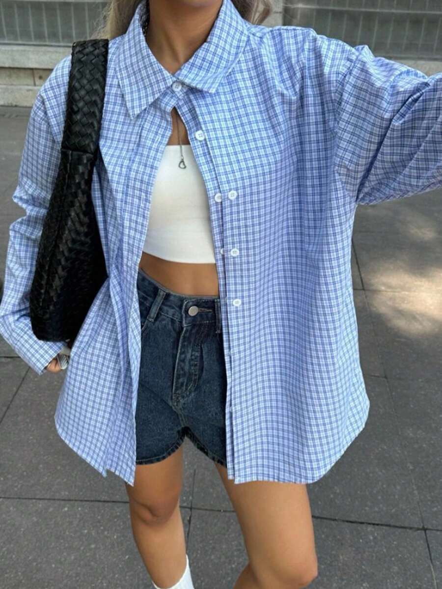 Jouncy 女式宽松长袖蓝白格子衬衫，休闲户外/度假装，夏季/秋季 - 藍色 - 查看 1