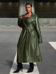Slaydiva Autumn/Winter New Arrivals, Suitable For Easter, Western, Beach, Bohemian, Boho, Festival, Vintage, Country Music, Outdoor, Fairy, Holiday, Airport, Western, Tropical Vacation Styles, Spring/Summer Green Trench Coat Plus Size Trench Coat Faux Leather Trench Coat Women Trench Coat Long Green Coat Fall - Green - View 11