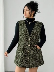 Elenzga Plus Size Women V-Neck Sleeveless Leopard Print Dress, Autumn/Winter - Olive Green - View 4