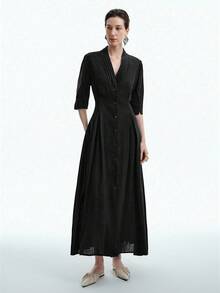 Aalyst Women's Fashion Elegant Commuter Casual Comfortable Charming Retro Minimalist High-Waist Collar Pleated Design Flared Short Sleeve Dress