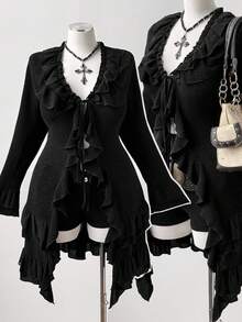 Sunspun Plus Size Women Solid Color Flare Sleeve Ruffle Patchwork Front Tie Fashionable Jacket Fall Winter Cloth For Women Autumn - Black - View 1