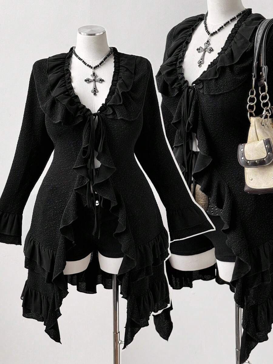 Sunspun Plus Size Women Solid Color Flare Sleeve Ruffle Patchwork Front Tie Fashionable Jacket Fall Winter Cloth For Women Autumn - Black - View 1