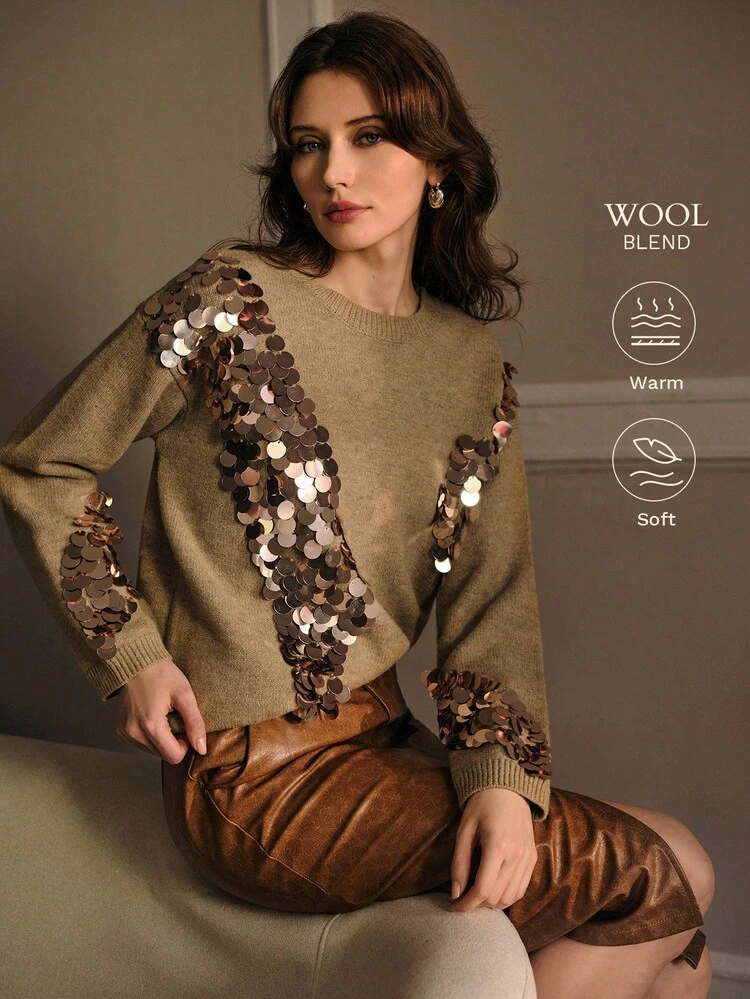 CONTRAST SEQUINS DROP SHOULDER OVERSIZE SWEATER