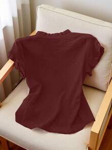 女士休闲纯色短袖衬衫，夏季 - 玫瑰紅 - 查看 2