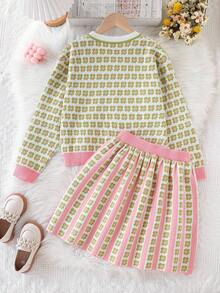 Conjunto de suéter con cuello en V y estampado floral en todo el Body con botones delanteros y falda para niña preadolescente, conjunto de dos piezas estilo preppy para la vuelta al colegio, traje de otoño - Verde - Ver 2
