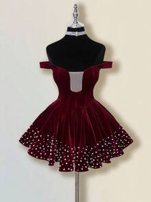 SHEIN ICON Elegantes Damen-Minikleid aus burgunderrotem Samt mit Perlen, herbstliches figurbetontes Abendkleid mit einem Schulterträger und Diamant-Verzierung, großes ausgestelltes Kleid für Party und Bankett, White Day Party - Bordeaux - Übersicht 8