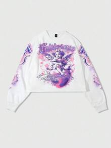 ROMWE MEN Street Life Men's Minimalist Street Print Long Sleeve Pullover Sweatshirt, Fall - White - View 3
