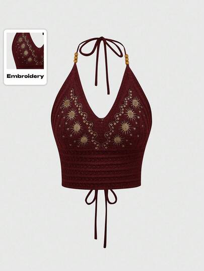 Hippie Maglietta lavorata a maglia con collo a canottiera plissettato e ricamo a forma di sole