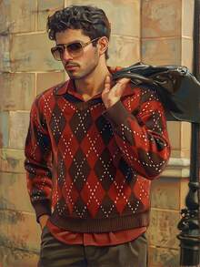 Manfinity NXTstreet Suéter holgado casual de hombre con cuello en V de jacquard de rombos, manga larga, suéter superior, camisa burdeos para hombre, camisas de punto para hombre, suéter de argyle de hombre con patrón de diamantes, otoño e invierno - Rojo - Ver 7