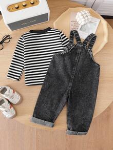 SHEIN Vintaside Kids 男婴秋冬新款两件套：条纹长袖 T 恤 + 牛仔背带裤，休闲复古时尚装扮，时尚婴儿服装，适合外出和返校