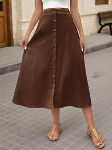 Brillora Women's Basic Cotton Button Front Skirt, Everyday Fashion - Coffee Brown - View 3